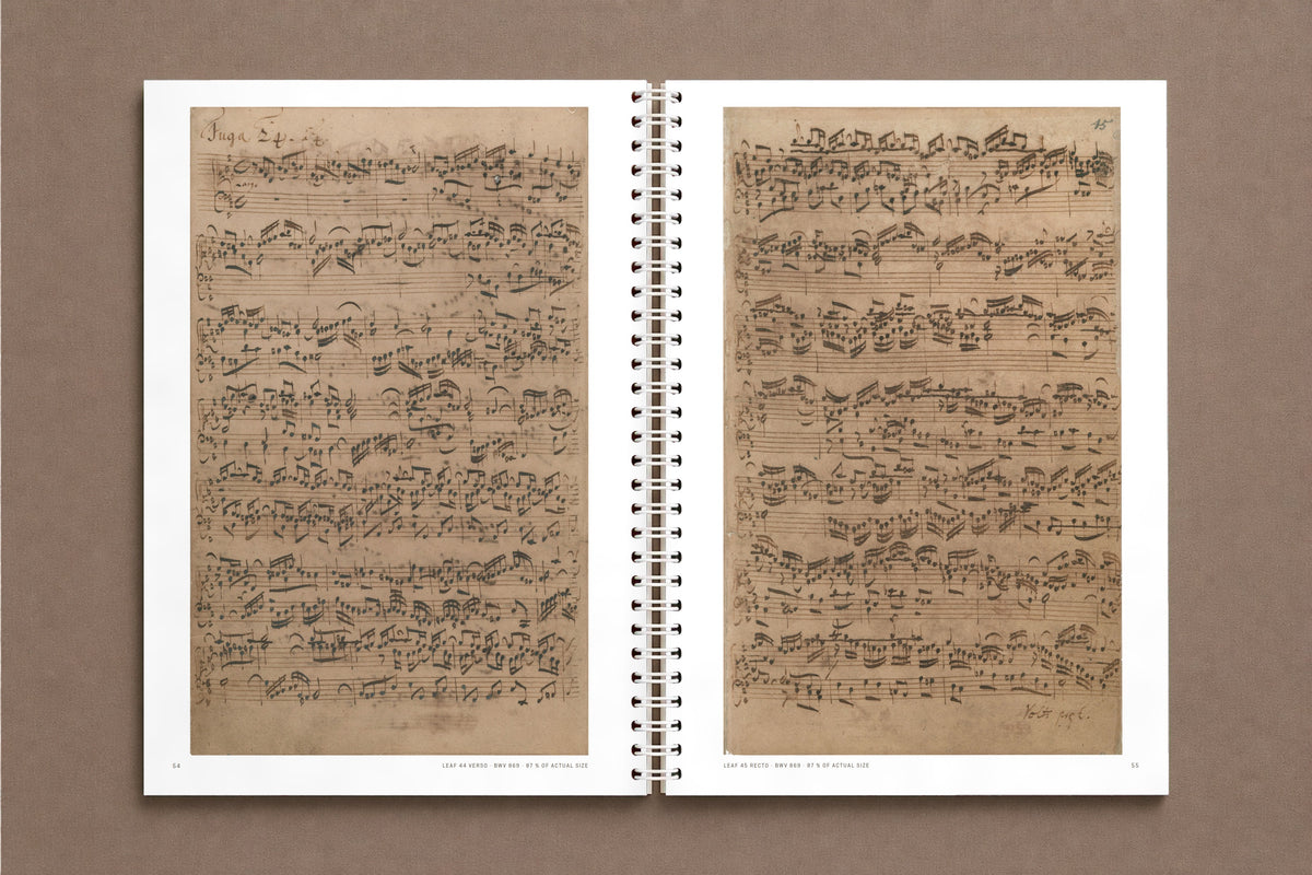 Bach — The Well-Tempered Clavier I, Volume 2 — open notebook with the Fugue in B minor in Bach's hand, leaves 44 verso and 45 recto, digitally composed product view