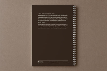 Bach — The Well-Tempered Clavier I, Volume 2 — the back of the notebook, dark brown, with the story of the manuscript, digitally composed product view