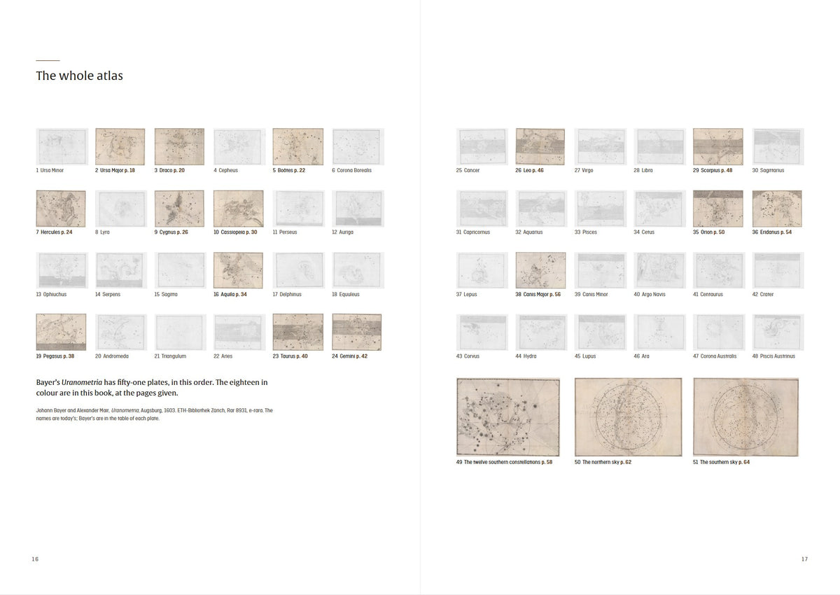 Johann Bayer — In Snatched Hours — spread: the whole atlas, the fifty-one plates in order (digital preview of the printed pages)