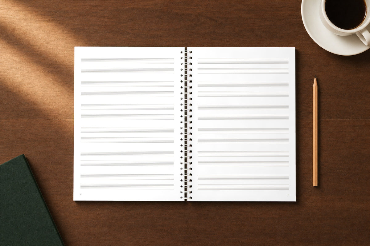 Bach — The Well-Tempered Clavier I, Volume 1 — on a desk, open at your pages, staff paper, digitally composed product view