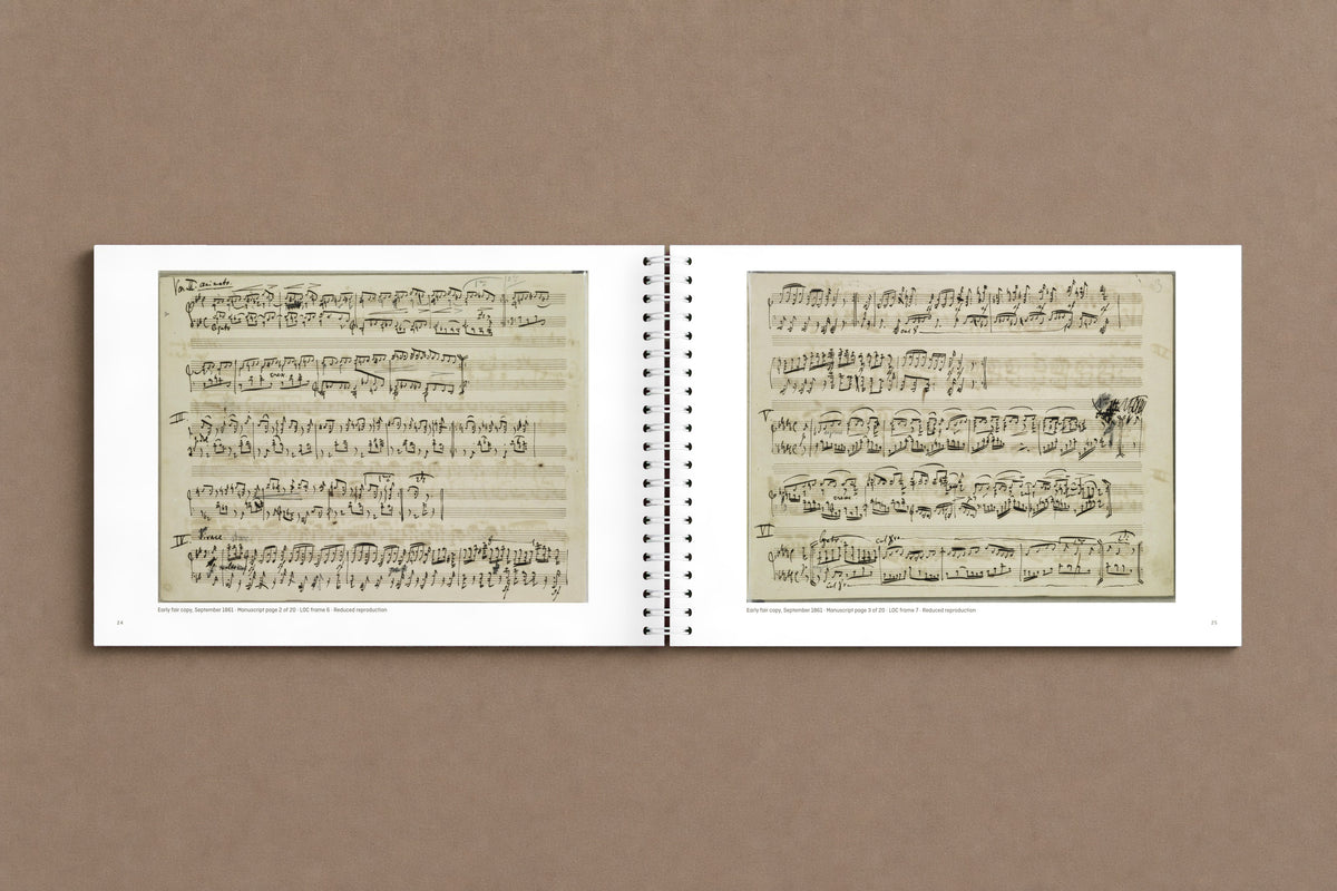 Brahms — Handel Variations, Op. 24 — open notebook with two pages of the 1861 manuscript, digitally composed product view