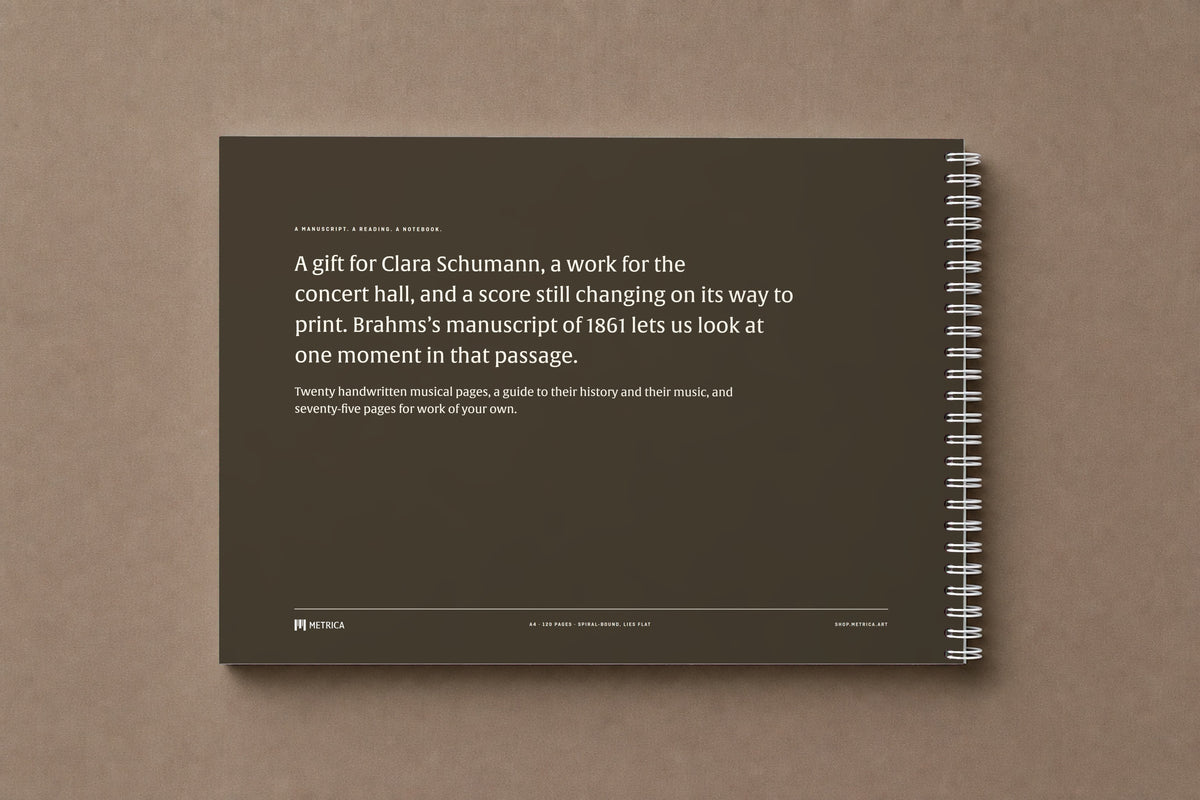 Brahms — Handel Variations, Op. 24 — the back of the notebook, dark brown, with the story of the manuscript, digitally composed product view