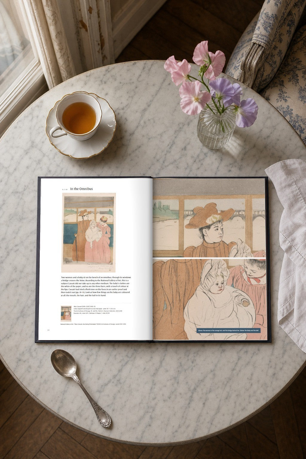 Mary Cassatt — Colour on Copper — the book open on a marble table, at In the Omnibus (digitally composed view with the actual printed pages)