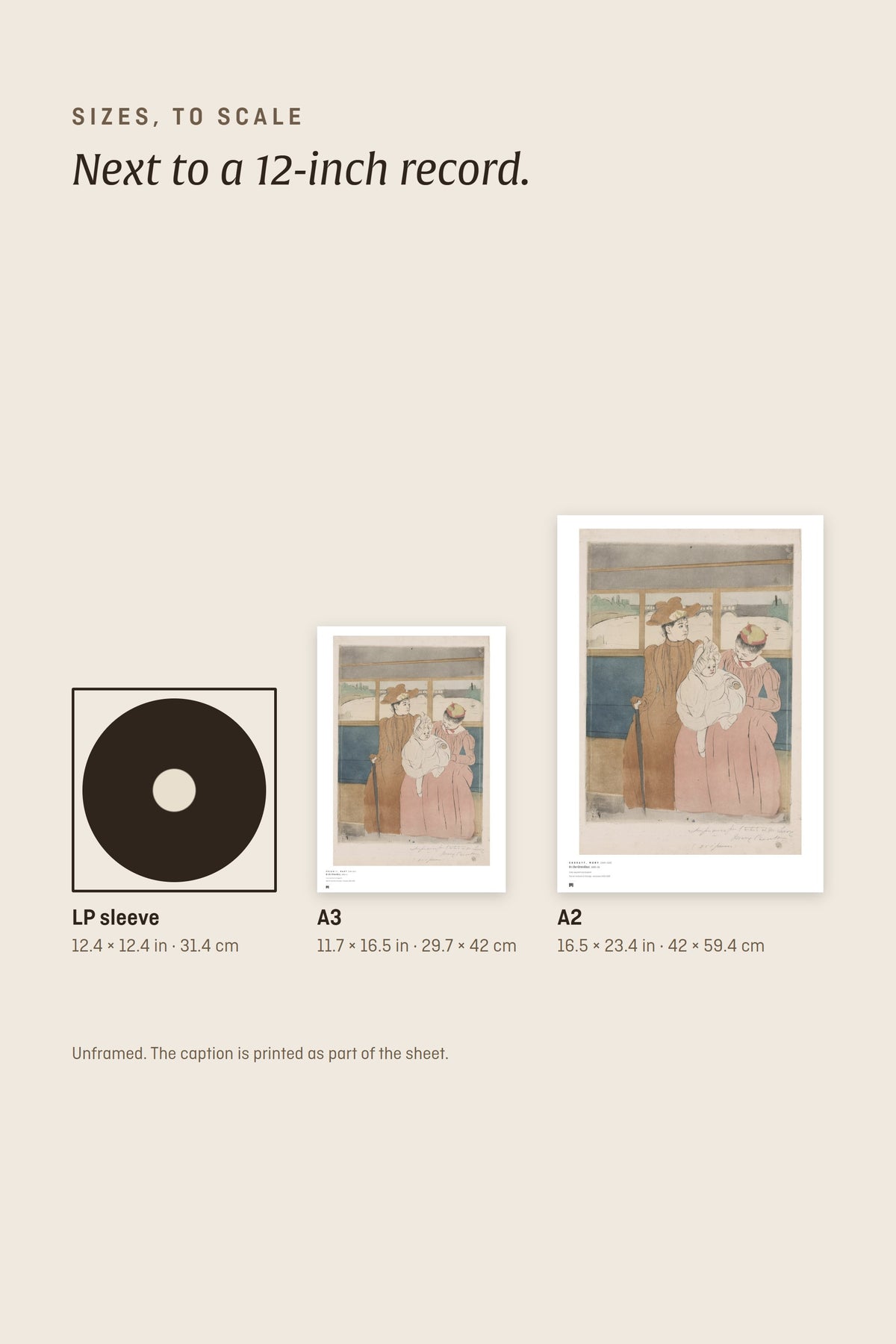 Sizes to scale: A3 and A2 next to a 12-inch record sleeve