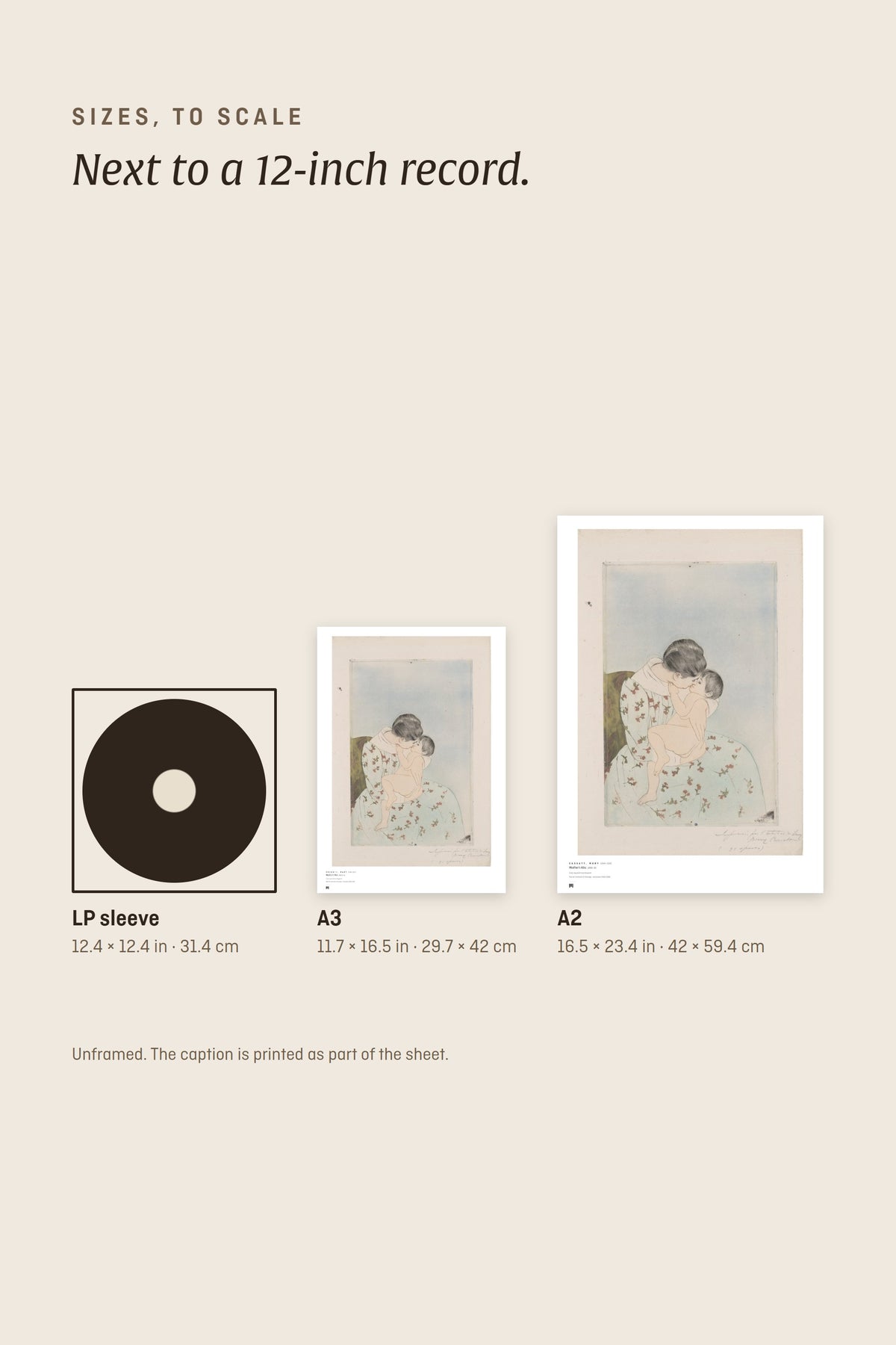 Sizes to scale: A3 and A2 next to a 12-inch record sleeve