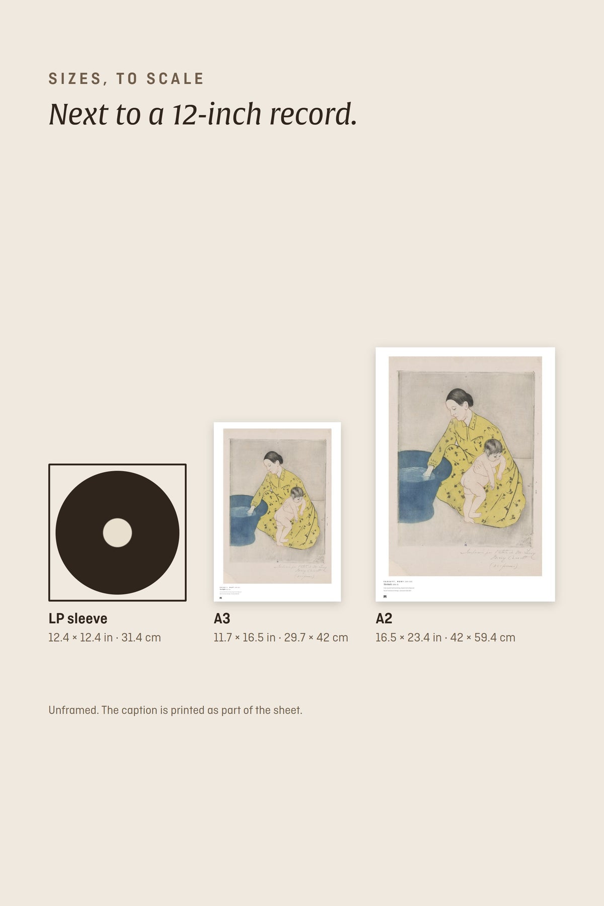 Sizes to scale: A3 and A2 next to a 12-inch record sleeve