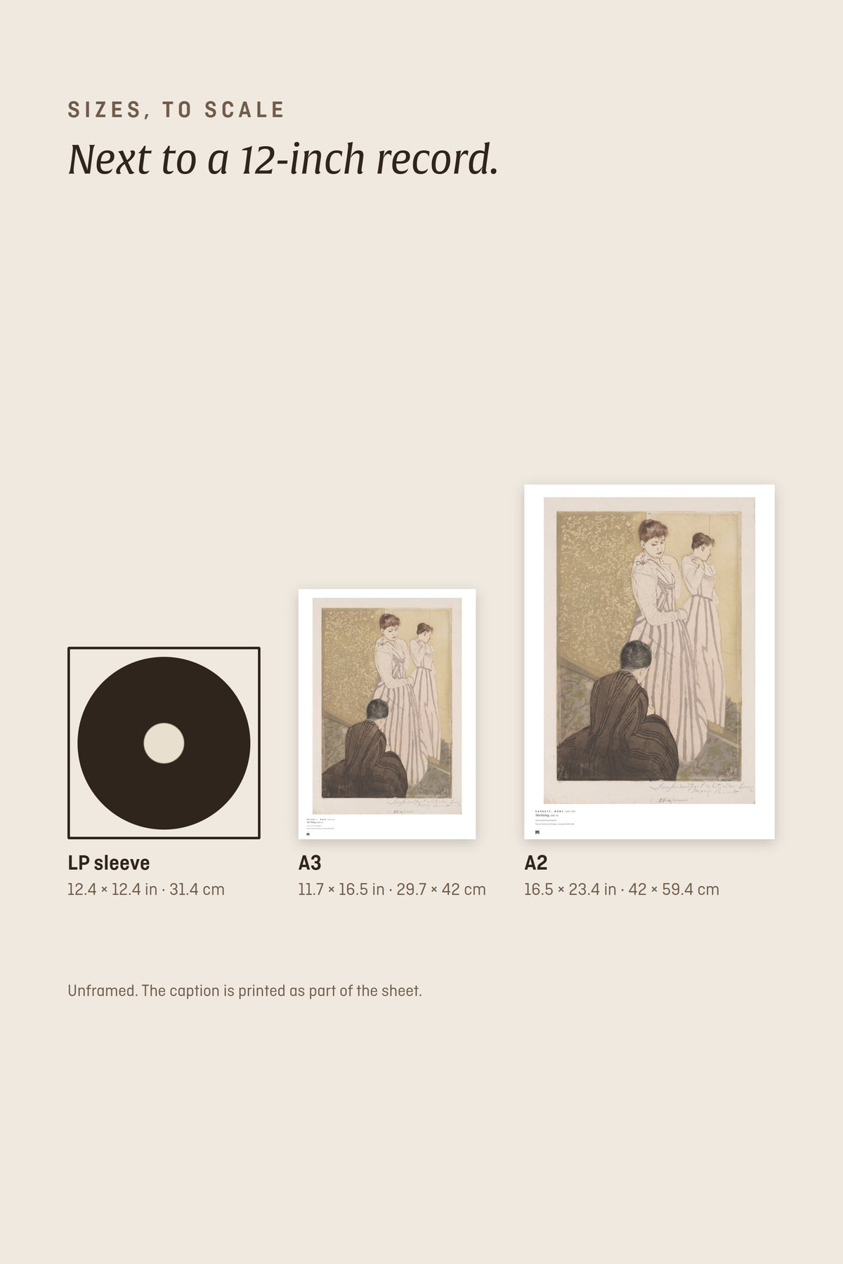 Sizes to scale: A3 and A2 next to a 12-inch record sleeve