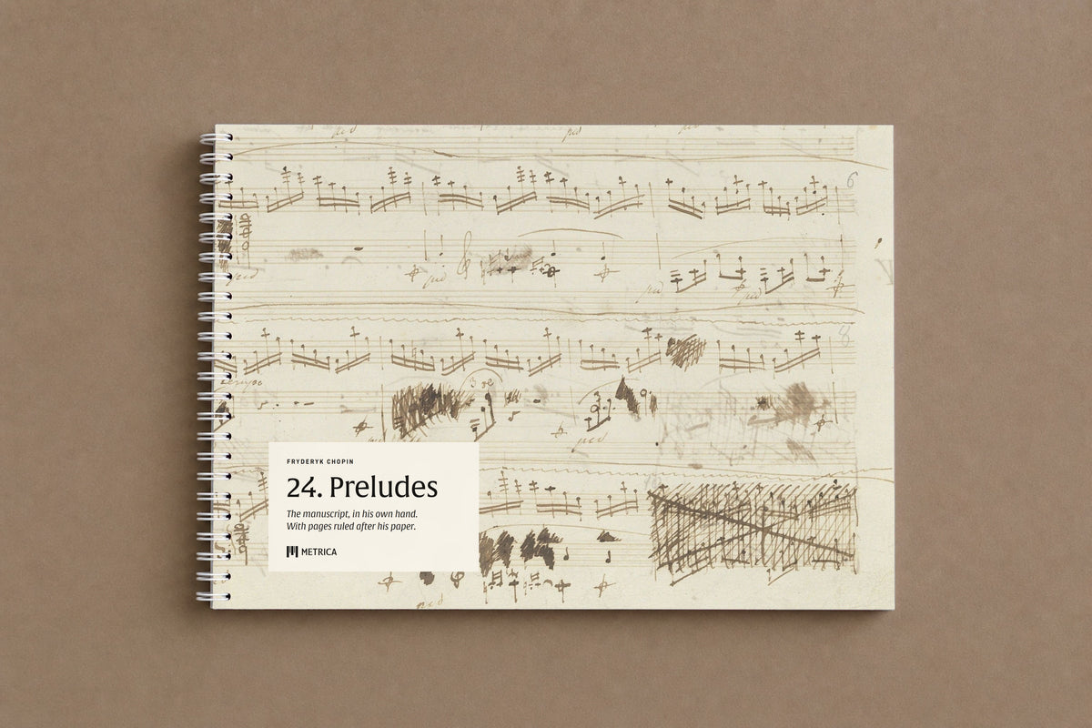 24. Preludes — the notebook closed: a passage Chopin crossed out in dense lines of ink, on the cover, white spiral on the left, digitally composed product view