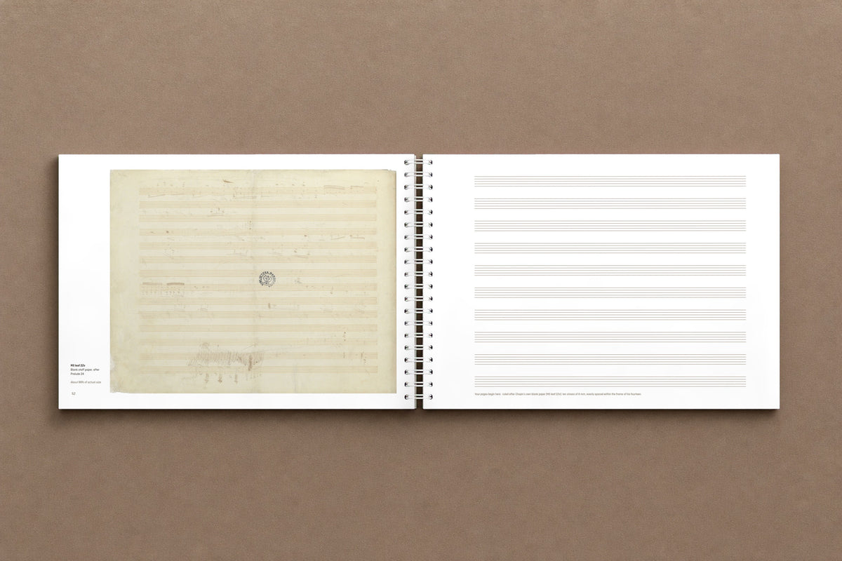 24. Preludes — open notebook: on the left the last page of Chopin's manuscript, his blank staff paper; on the right the first page of yours, digitally composed product view