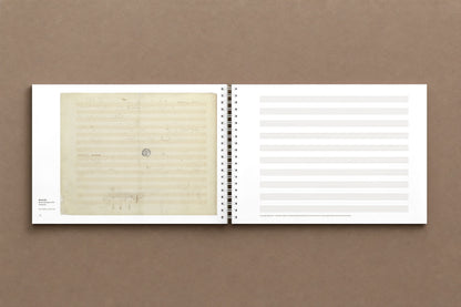 24. Preludes — open notebook: on the left the last page of Chopin's manuscript, his blank staff paper; on the right the first page of yours, digitally composed product view