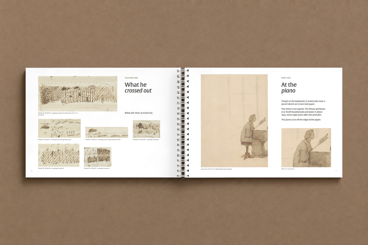 24. Preludes — open notebook: passages Chopin crossed out, shown at actual size, and a drawing of him at the piano, digitally composed product view