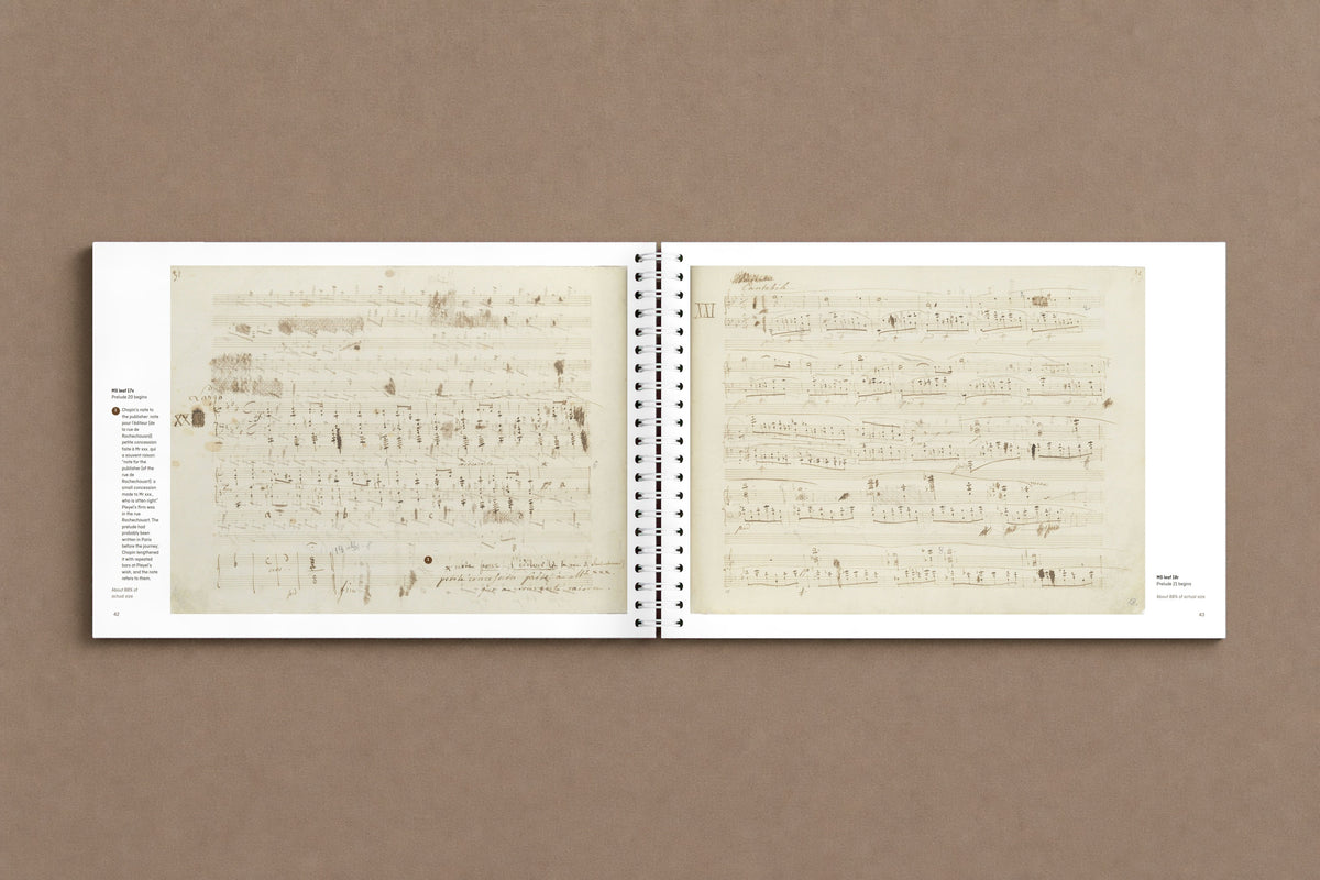 24. Preludes — open notebook: the page of Prelude 20 with Chopin's note to his publisher, and its translation, digitally composed product view