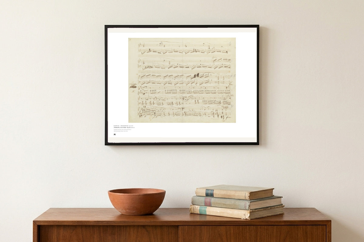 Fryderyk Chopin — Prelude No. 4 in E minor, Op. 28 (autograph) — Métrica art print, framed on a wall