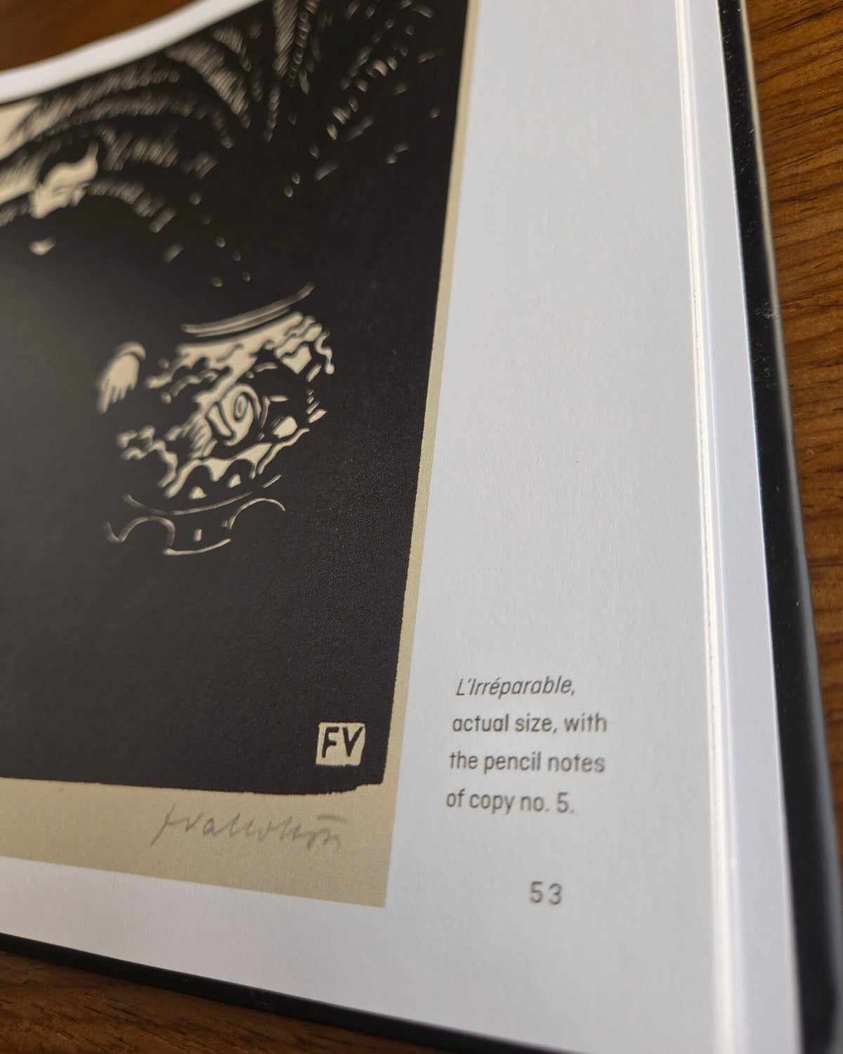 Félix Vallotton — Black on Wood — close up of L’Irréparable and Vallotton’s pencil signature (photograph)