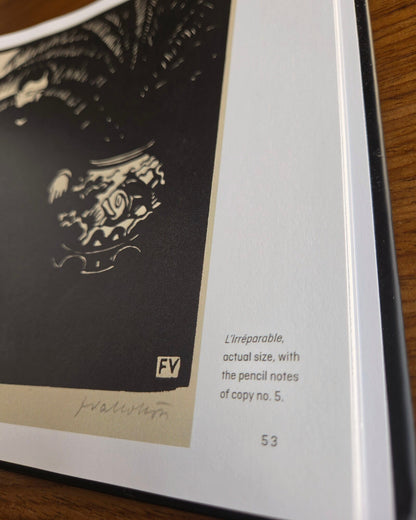Félix Vallotton — Black on Wood — close up of L’Irréparable and Vallotton’s pencil signature (photograph)