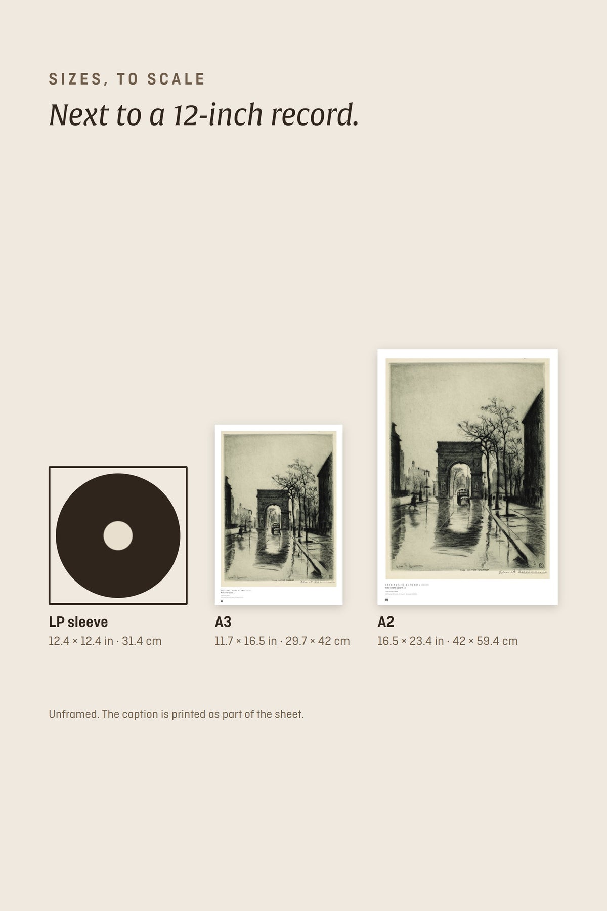 Sizes to scale next to a 12-inch record sleeve