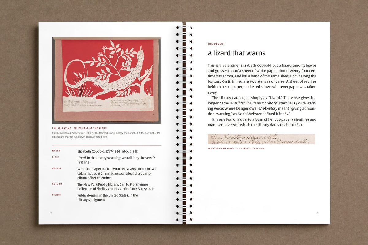 The Monitory Lizard — open notebook: the valentine on its leaf of the album, and the page that tells what it is, digitally composed product view