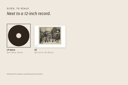 Sizes to scale next to a 12-inch record sleeve