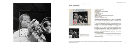 William P. Gottlieb — Burn Lower Left — spread: Louis Armstrong, the whole negative with what was published framed, facing the annotated contact print and the orders (digital preview of the printed pages)