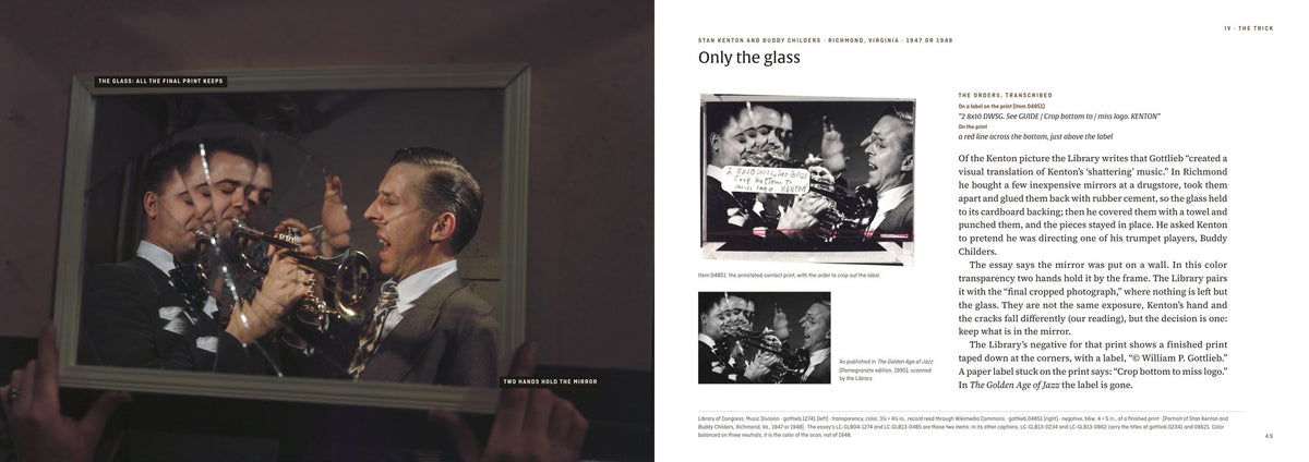 William P. Gottlieb — Burn Lower Left — spread: Stan Kenton in a broken mirror (digital preview of the printed pages)