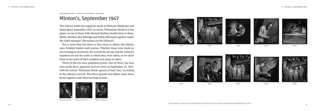 William P. Gottlieb — Burn Lower Left — spread: Minton’s, September 1947, the ten negatives (digital preview of the printed pages)