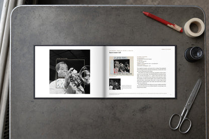 William P. Gottlieb — Burn Lower Left — the book open on a photo editor’s desk, at Louis Armstrong: the whole negative, the annotated contact print and the orders (digitally composed view with the actual printed pages)