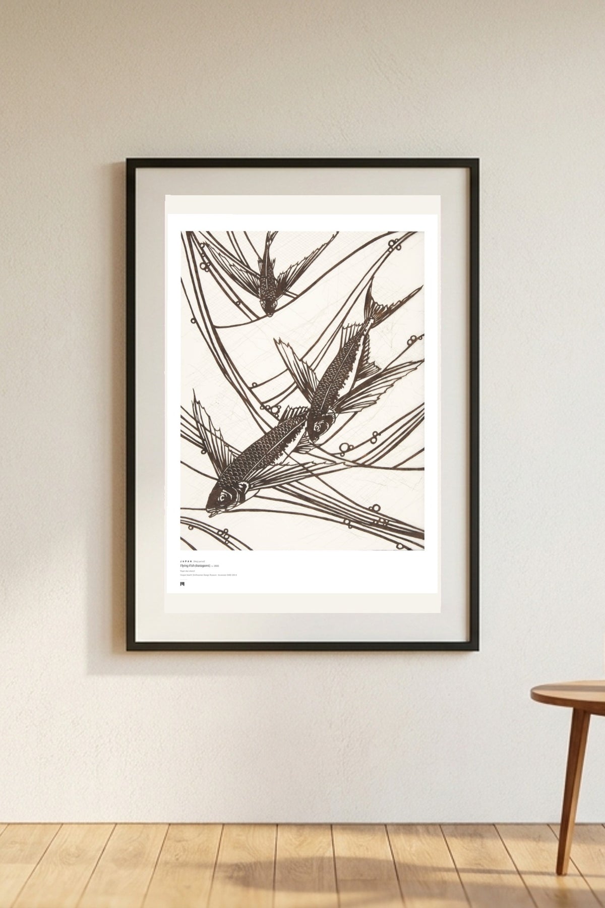 Katagami — Flying Fish (Japan, c. 1900) — Métrica art print, framed on a wall