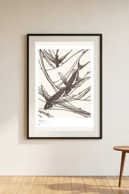Katagami — Flying Fish (Japan, c. 1900) — Métrica art print, framed on a wall