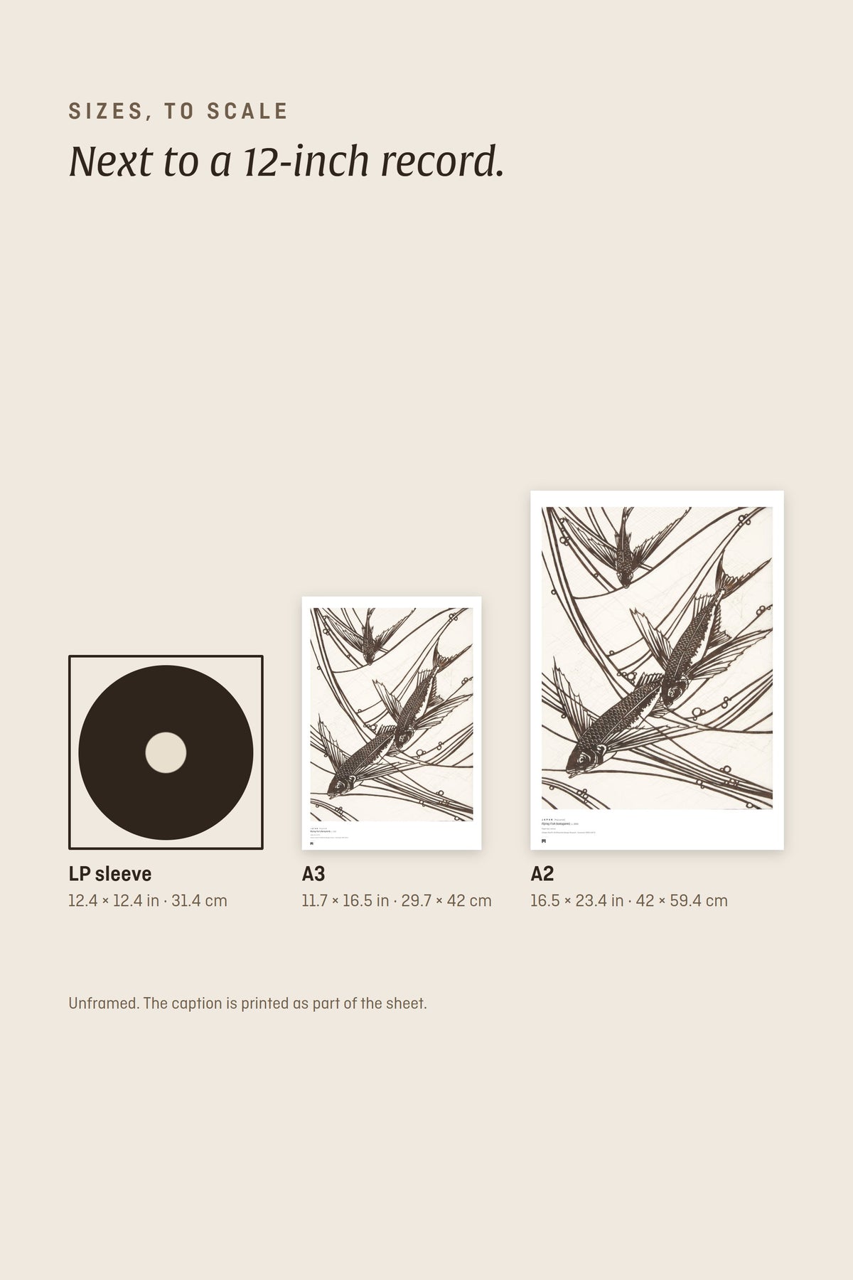 Sizes to scale next to a 12-inch record sleeve