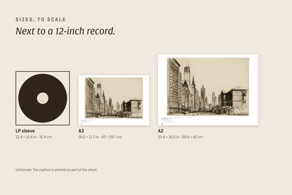 Sizes to scale next to a 12-inch record sleeve