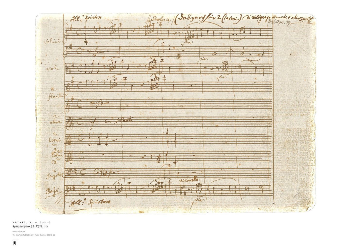 W. A. Mozart, Symphony No. 32, K.318 (autograph) — archival art print