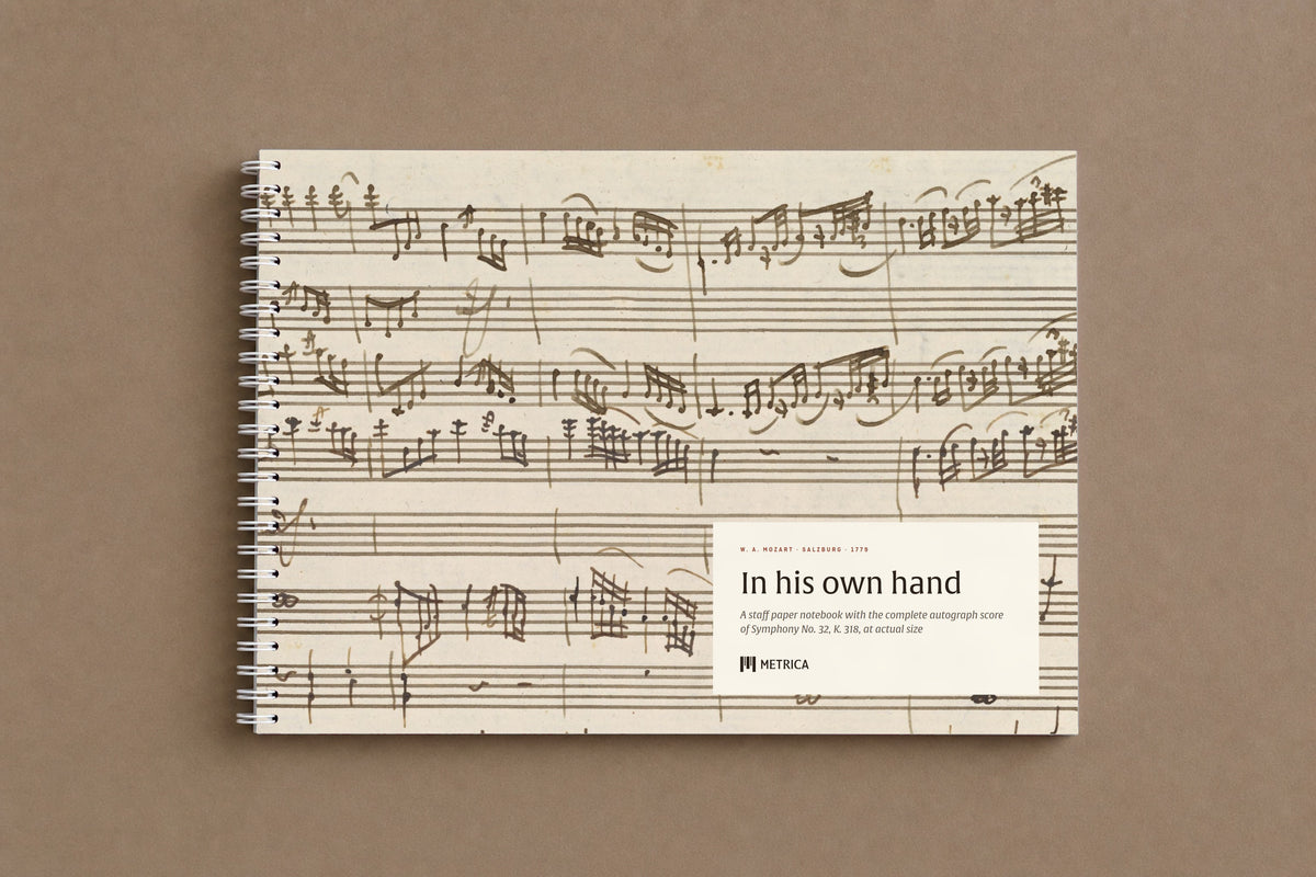 Mozart — Symphony No. 32, K. 318 — the notebook closed: the autograph score on the cover, white spiral on the left, digitally composed product view