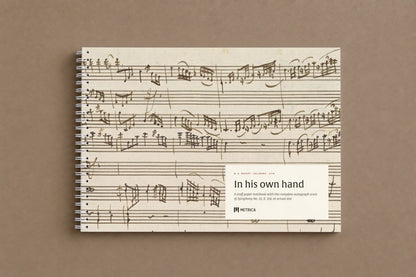 Mozart — Symphony No. 32, K. 318 — the notebook closed: the autograph score on the cover, white spiral on the left, digitally composed product view