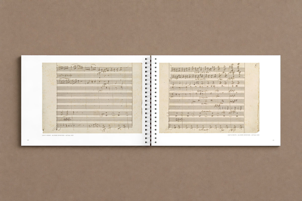 Mozart — Symphony No. 32, K. 318 — open notebook with two pages of the autograph score at actual size, digitally composed product view