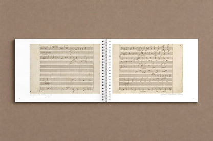 Mozart — Symphony No. 32, K. 318 — open notebook with two pages of the autograph score at actual size, digitally composed product view