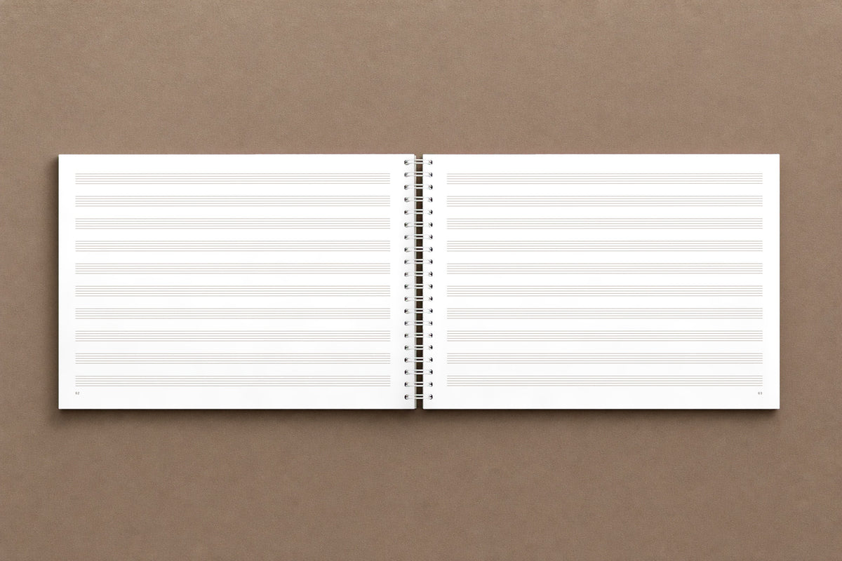 Mozart — Symphony No. 32, K. 318 — open notebook, staff paper: ten staves to a page, ruled like Mozart's, digitally composed product view