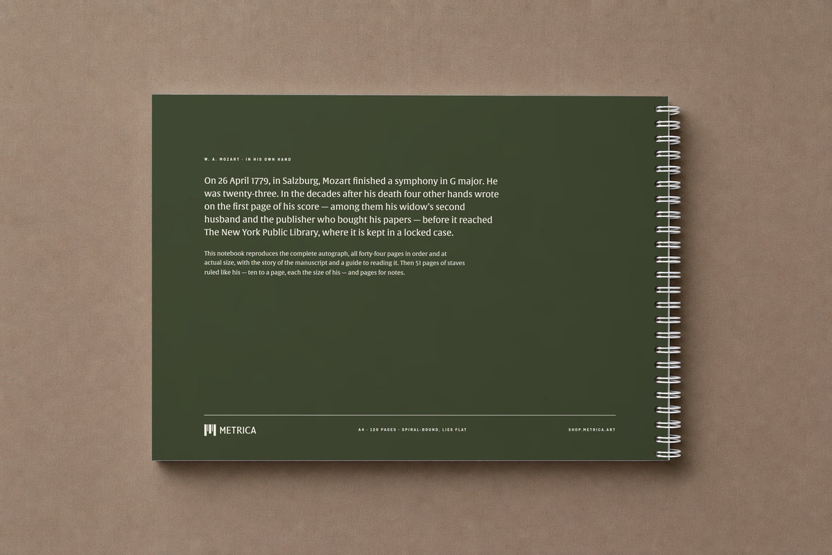 Mozart — Symphony No. 32, K. 318 — the back of the notebook, olive green, with the story of the score, digitally composed product view