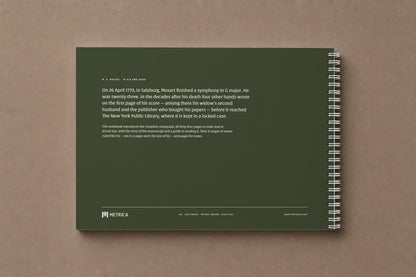 Mozart — Symphony No. 32, K. 318 — the back of the notebook, olive green, with the story of the score, digitally composed product view