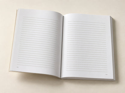 Anna Atkins — Spiraea aruncus (Tyrol) — open notebook with the original ruled writing pages, digitally composed product view