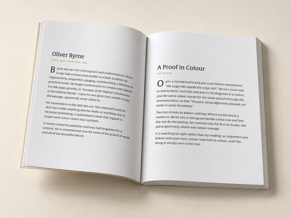 Oliver Byrne notebook open to its original archival introduction — digital product mockup