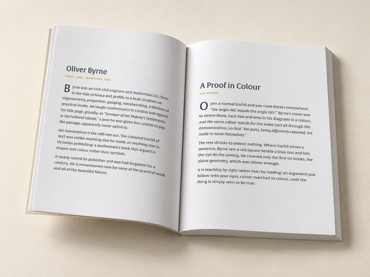 Oliver Byrne — The Elements of Euclid — open notebook with the original editorial pages, digitally composed product view