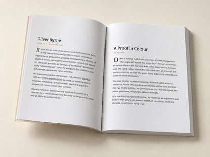 Oliver Byrne — The Elements of Euclid — open notebook with the original editorial pages, digitally composed product view