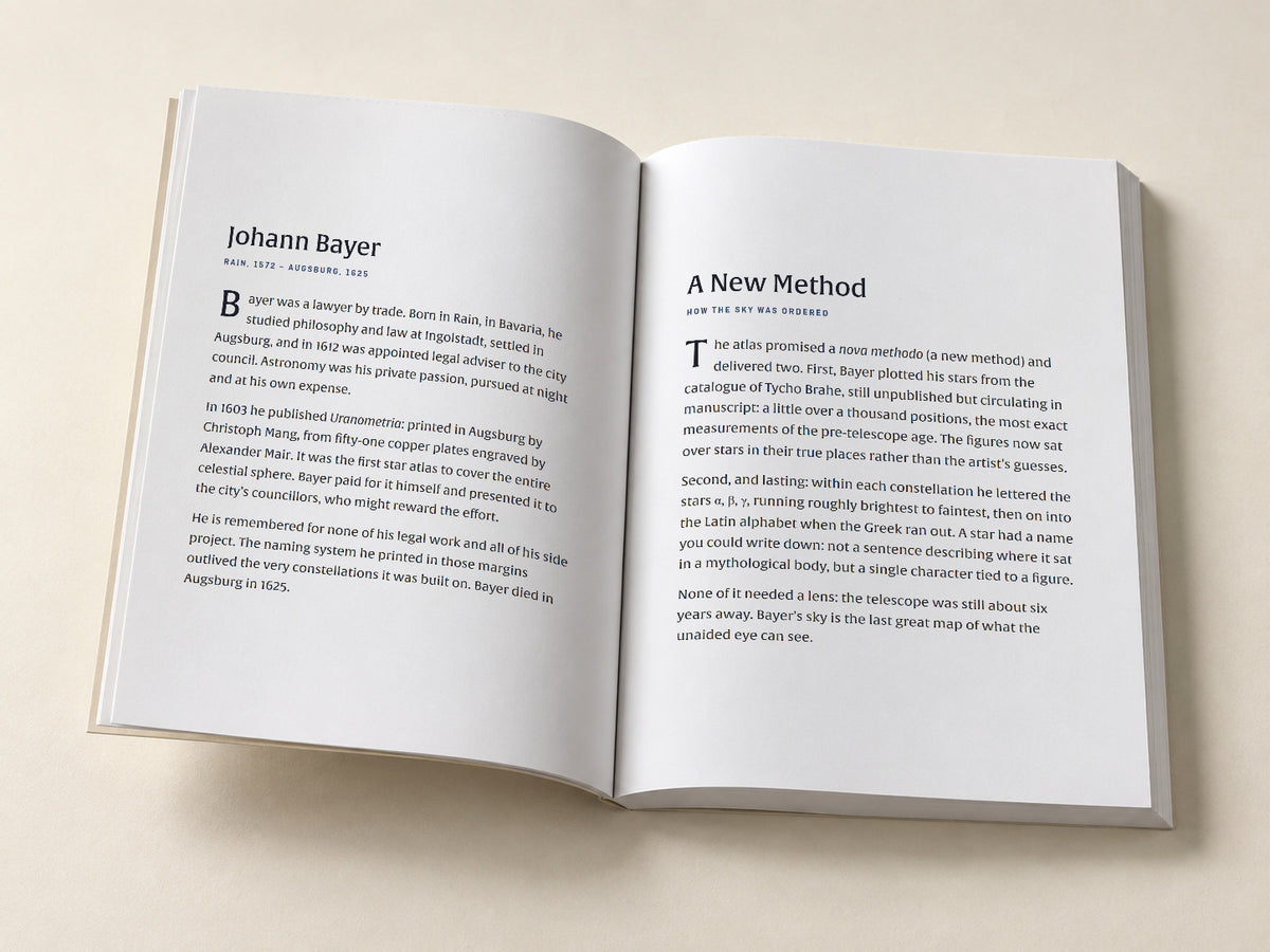 Johann Bayer — Orion — open notebook with the original editorial pages, digitally composed product view