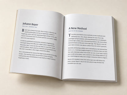 Johann Bayer — Orion — open notebook with the original editorial pages, digitally composed product view