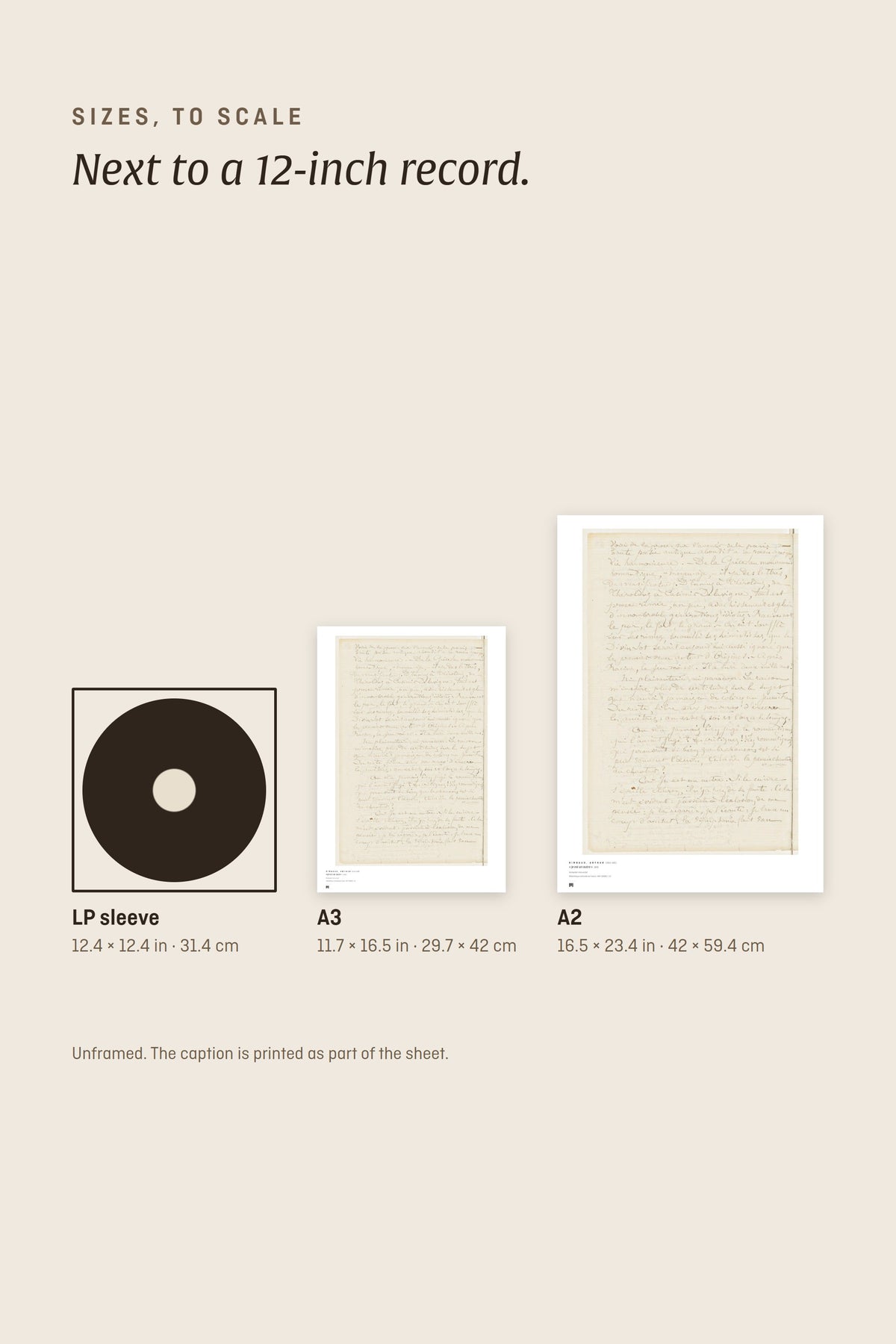 Sizes to scale next to a 12-inch record sleeve