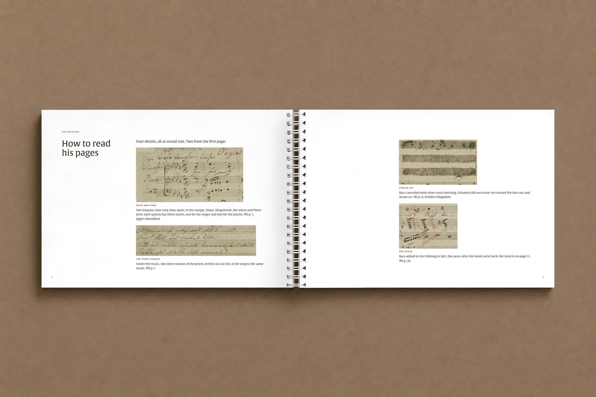 Schubert — For Goethe — open notebook: four details of the manuscript at actual size, with how to read them, digitally composed product view