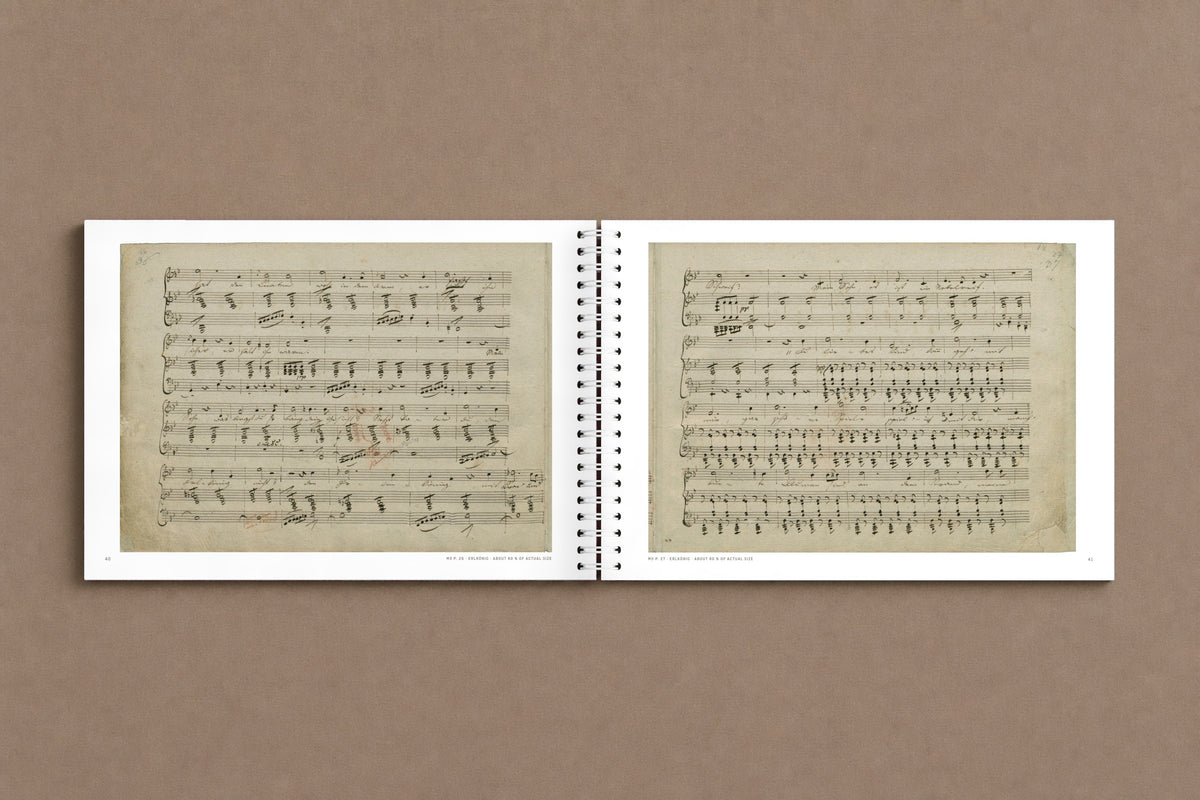 Schubert — For Goethe — open notebook with two pages of the Erlkönig in Schubert's hand, with the bars he added in red chalk in 1821, digitally composed product view