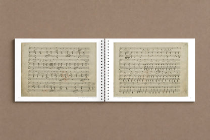 Schubert — For Goethe — open notebook with two pages of the Erlkönig in Schubert's hand, with the bars he added in red chalk in 1821, digitally composed product view