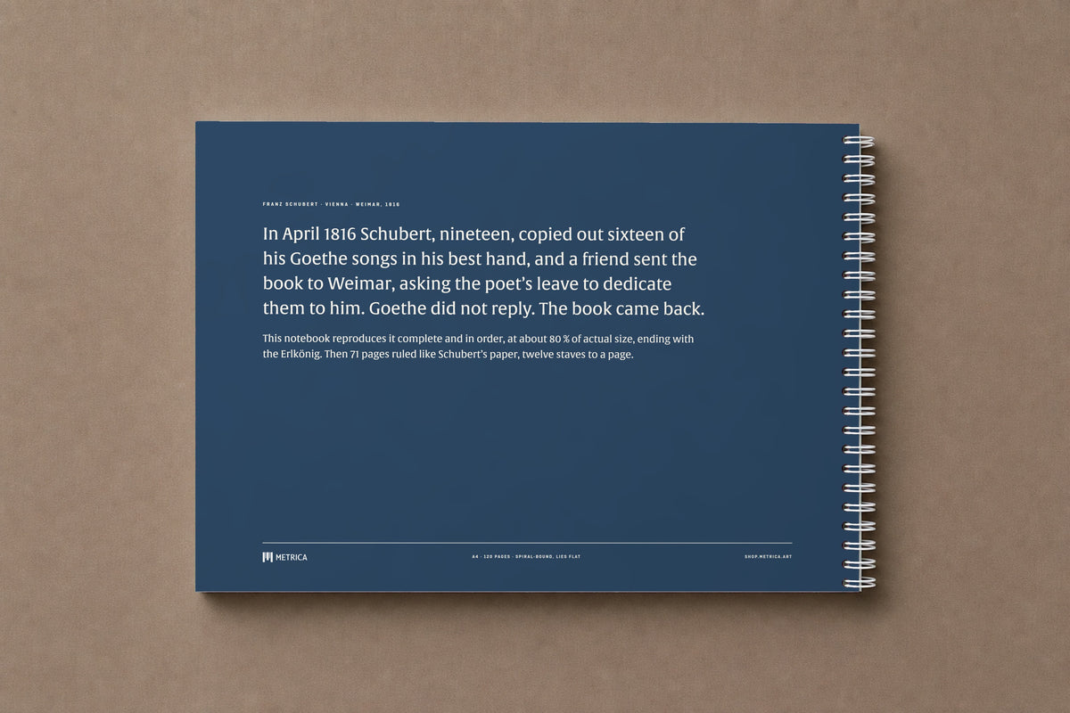Schubert — For Goethe — the back of the notebook, in the blue of the manuscript's binding, with its story, digitally composed product view