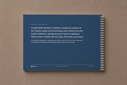 Schubert — For Goethe — the back of the notebook, in the blue of the manuscript's binding, with its story, digitally composed product view